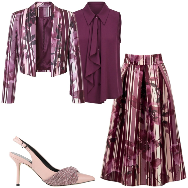 Outfit donna - Cerimonie a settembre. Stile Glamour per Cerimonia. Abbinamento con décolleté, blazer, gonne longuette, top.