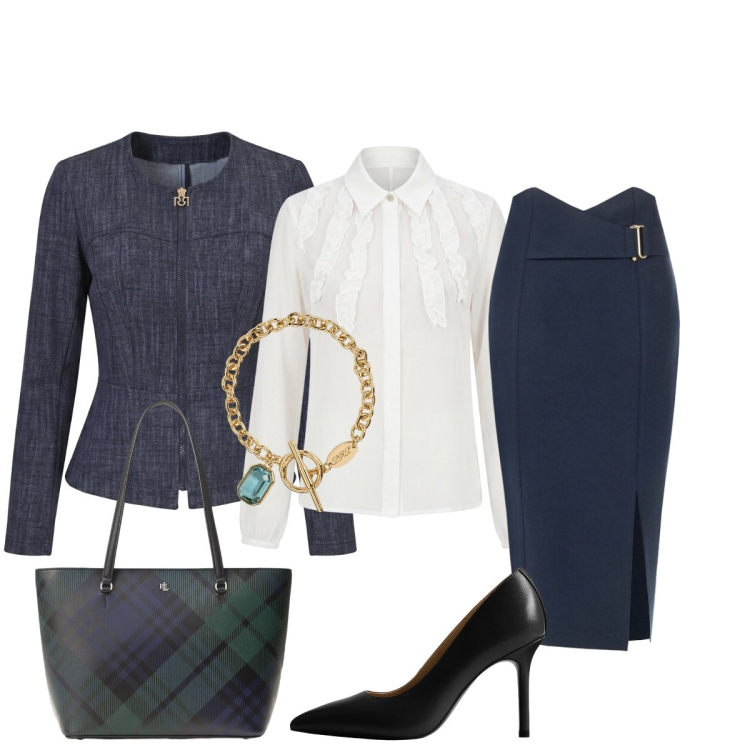 Outfit donna - Iconic business woman. Stile Chic per Ufficio. Abbinamento con blazer, gonne longuette, camicie, décolleté, braccialetti, borse tote.