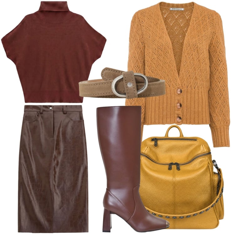 Outfit donna - Cammello e cioccolato. Stile Casual per Tutti i giorni. Abbinamento con cardigans, pullovers, gonne longuette, cinture, stivali sopra il ginocchio, zaini.
