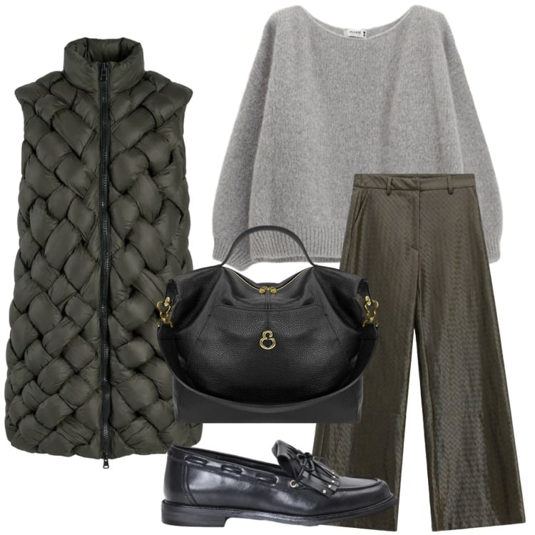 Outfit donna - Rientro in ufficio. Stile Casual per Ufficio. Abbinamento con pantaloni a palazzo, maglieria, mocassini, piumini, borse a spalla.