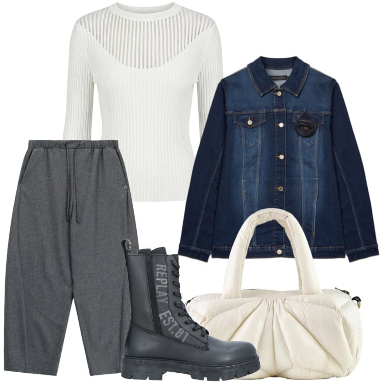 Outfit donna - Giacca con spilla floreale. Stile Casual per Tutti i giorni. Abbinamento con anfibi, pantaloni, maglieria, borse a mano, cappotti.