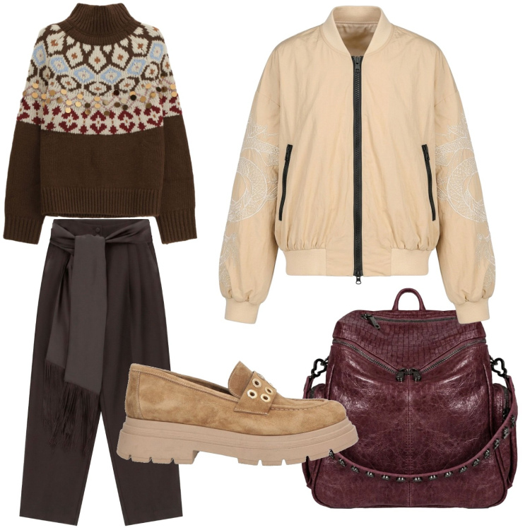 Outfit donna - Weekend in montagna. Stile Casual per Tutti i giorni. Abbinamento con mocassini, pantaloni a palazzo, pullovers, bomber, zaini.