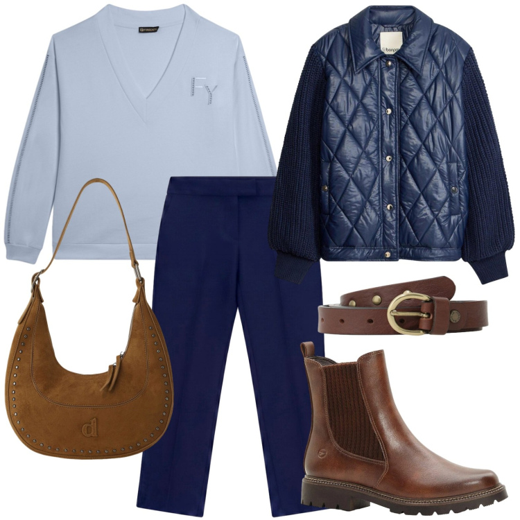 Outfit donna - Felpa sky. Stile Casual per Tutti i giorni. Abbinamento con bomber, stivaletti, felpe, pantaloni, borse a spalla, cinture.