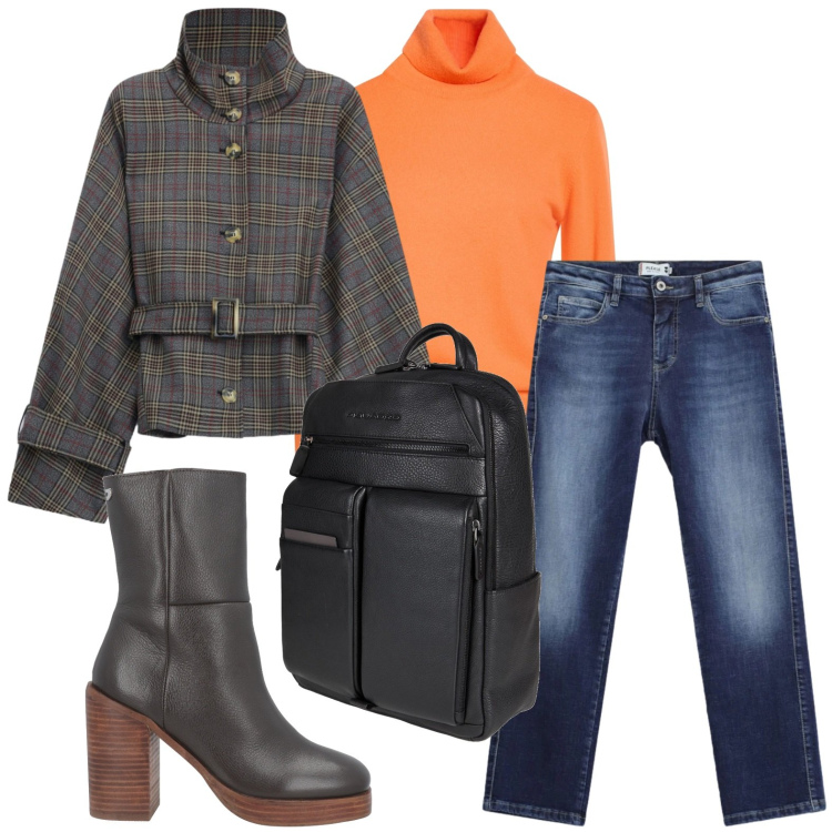 Outfit donna - Touch orange. Stile Casual per Tutti i giorni. Abbinamento con zaini, maglieria, stivaletti, cappotti, jeans dritti.