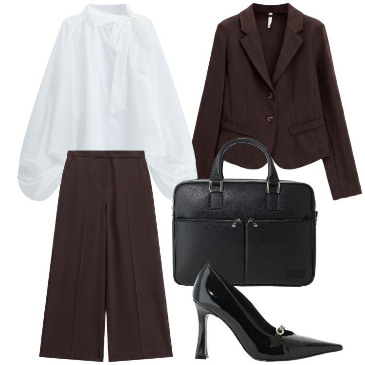 Outfit donna - We Are Back - work. Stile Casual per Ufficio. Abbinamento con pantaloni a palazzo, bluse, décolleté, borse messenger, blazer.