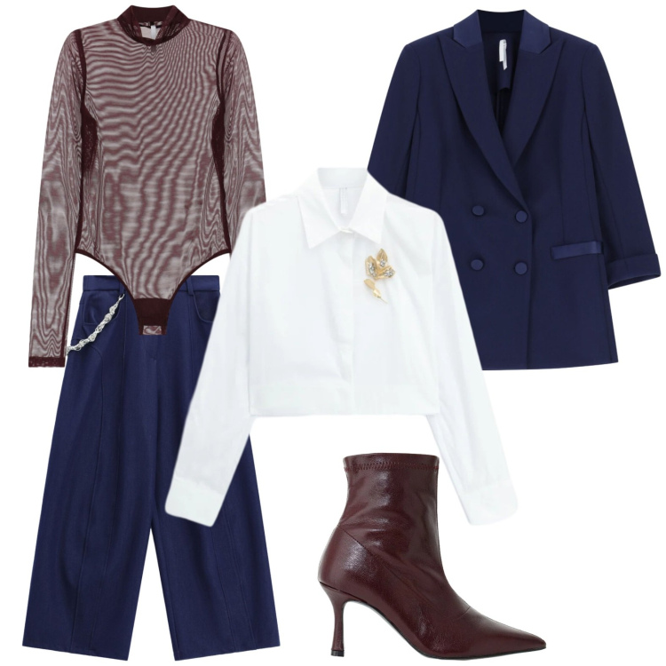 Outfit donna - We Are Back - Vernissage. Stile Casual per Serata fuori. Abbinamento con body, camicie, stivaletti, blazer, pantaloni a palazzo.