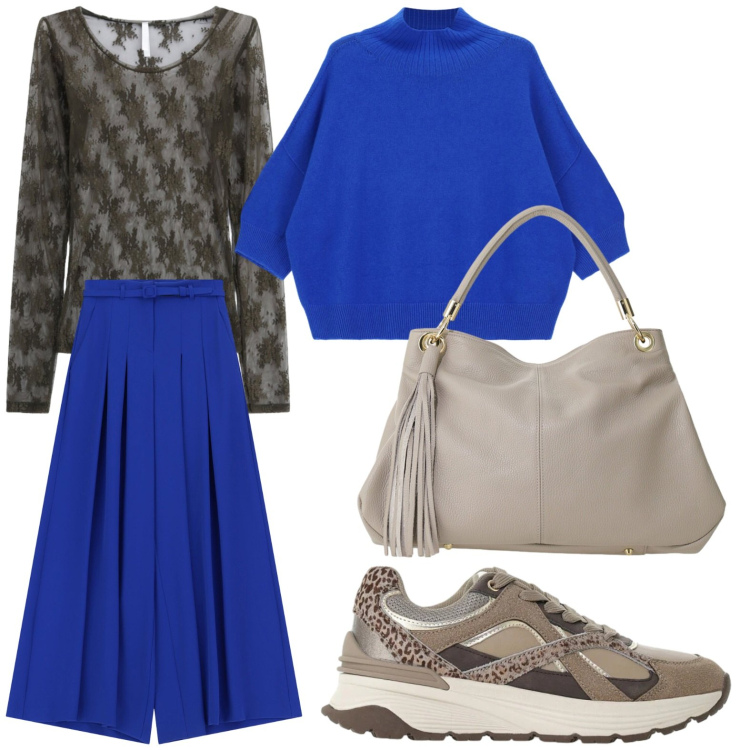 Outfit donna - We Are Back - Shopping. Stile Chic per Tutti i giorni. Abbinamento con t-shirt, pantaloni a palazzo, sneakers, borse a spalla, pullovers.