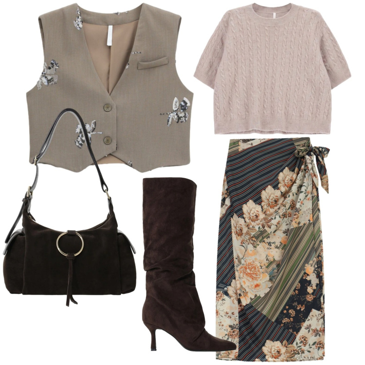 Outfit donna - We Are Back - Supermarket. Stile Casual per Tutti i giorni. Abbinamento con gonne longuette, borse a spalla, gilet, maglieria, stivali.