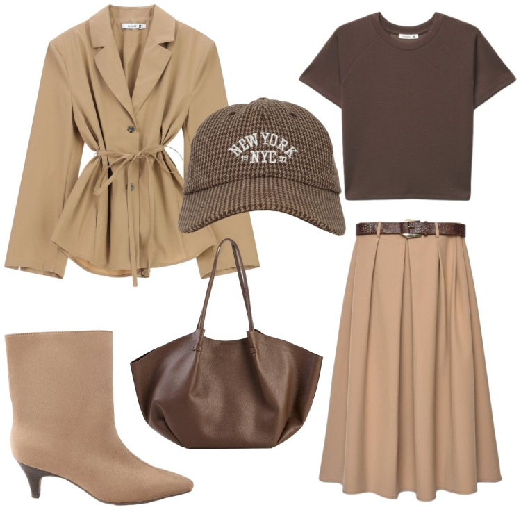 Outfit donna - Sfumature cammello e cioccolato. Stile Casual chic per Tutti i giorni. Abbinamento con shopping bag, stivaletti, gonne lunghe, t-shirt, cappelli con visiera, blazer.