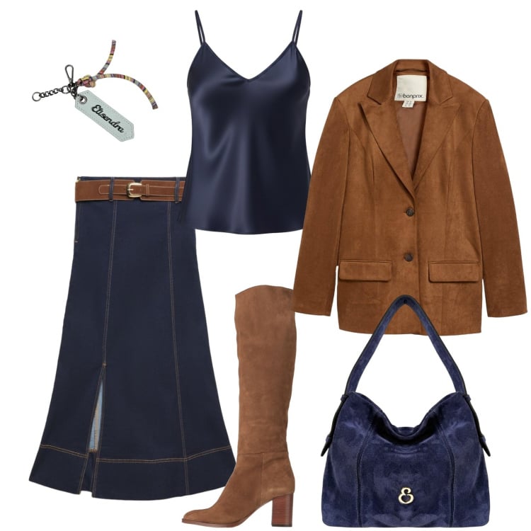 Outfit donna - Gonna di jeans con lo spacco. Stile Trendy per Tutti i giorni. Abbinamento con stivali, blazer, gonne lunghe, canottiere, borse a spalla, portachiavi.