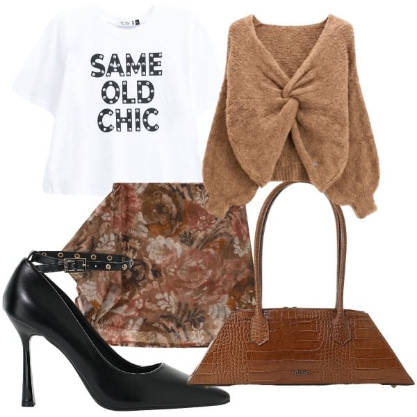 Outfit donna - Please collezione autunno inverno 2026. Stile Glamour per Tutti i giorni. Abbinamento con décolleté, borse a spalla, minigonne, maglieria, t-shirt.