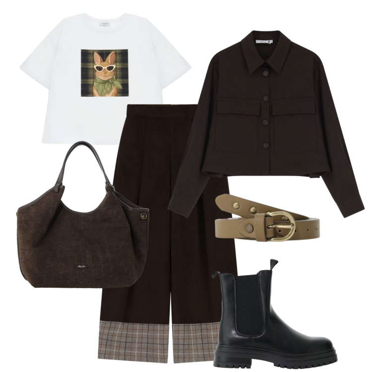Outfit donna - Please FW26. Stile Urban per Tutti i giorni. Abbinamento con stivaletti chelsea, pantaloni a palazzo, t-shirt, cappotti, borse a spalla, cinture.