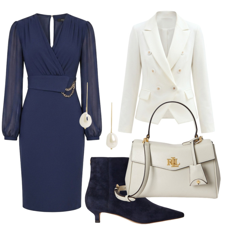 Outfit donna - Iconic Business Woman. Stile Casual chic per Ufficio. Abbinamento con blazer, vestiti a tubino, borse a mano, orecchini, stivaletti.