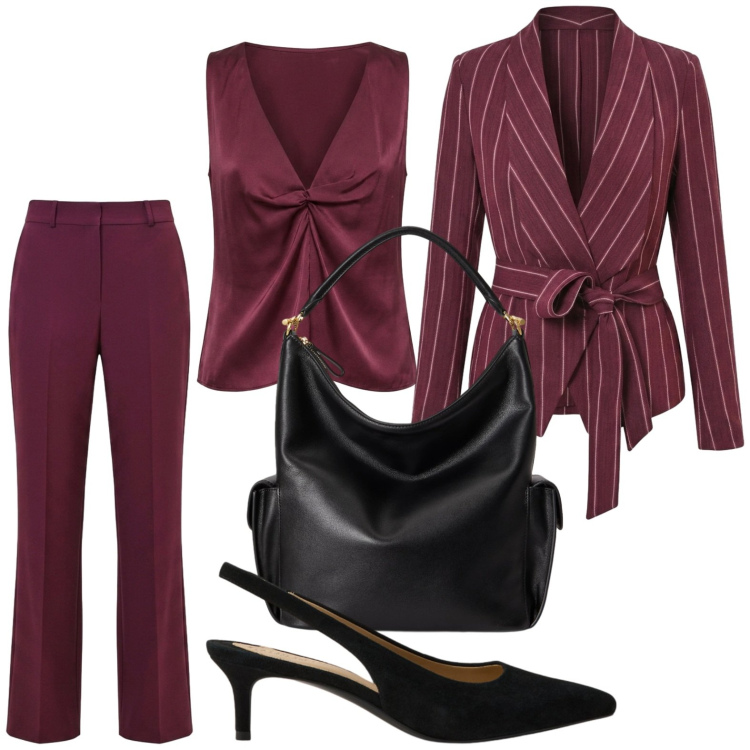 Outfit donna - Iconic Business Woman. Stile Casual per Ufficio. Abbinamento con top, blazer, pantaloni, décolleté, borse a spalla.