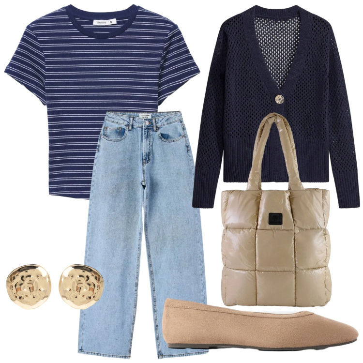 Outfit donna - Passeggiata lungomare. Stile Casual per Tutti i giorni. Abbinamento con ballerine, cardigans, orecchini, t-shirt, jeans, shopping bag.