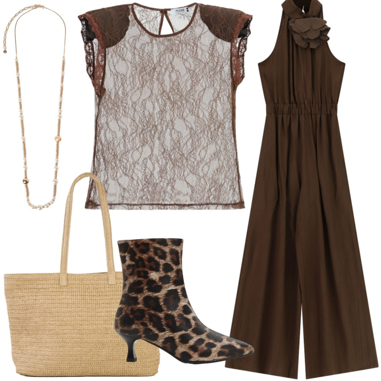 Outfit donna - Trasparenze brown. Stile Glamour per Tutti i giorni. Abbinamento con shopping bag, stivaletti, tute, top, collane.