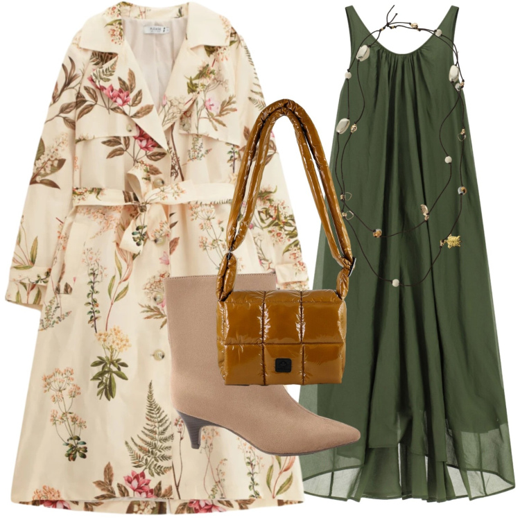Outfit donna - Trench floreale. Stile Glamour per Tutti i giorni. Abbinamento con stivaletti, vestiti lunghi, collane, trench, borse a spalla.