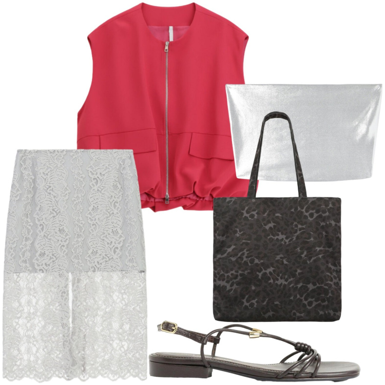 Outfit donna - Stile unico. Stile Casual per Tutti i giorni. Abbinamento con sandali, gilet, gonne longuette, top, shopping bag.