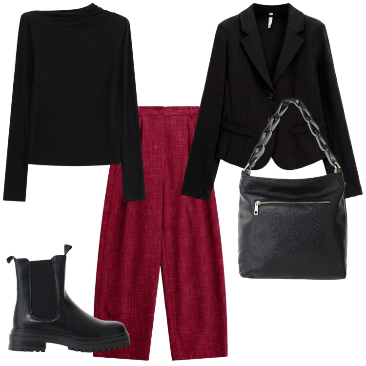 Outfit donna - We are back. per Tutti i giorni. Abbinamento con pantaloni a palazzo, top, stivaletti chelsea, blazer, borse a spalla.