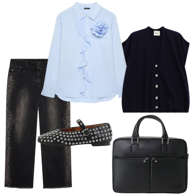 Outfit donna - Il mio outfit del giovedì. Stile Casual per Ufficio. Abbinamento con borse messenger, ballerine, maglieria, camicie, jeans.