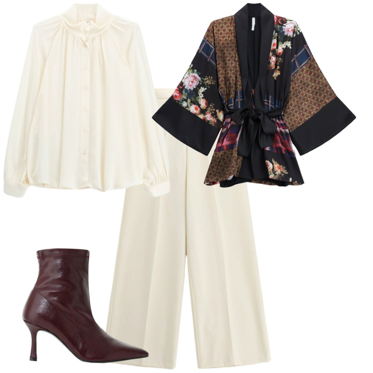 Outfit donna - We are back. per Tutti i giorni. Abbinamento con kimono, stivaletti, camicie, pantaloni a palazzo.