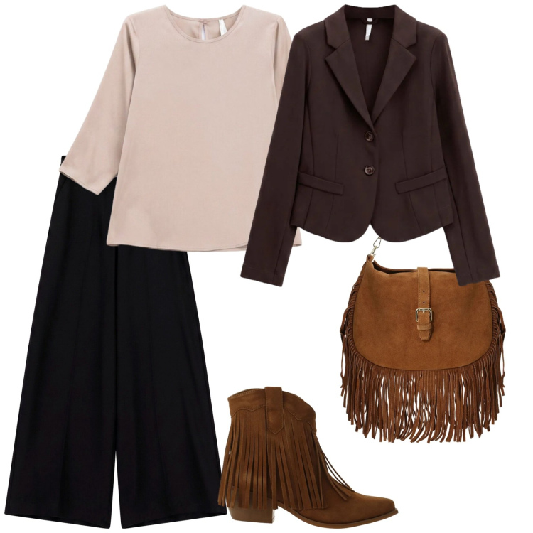 Outfit donna - We are back. per Ufficio. Abbinamento con bluse, stivaletti texani, blazer, borse a spalla, pantaloni a palazzo.