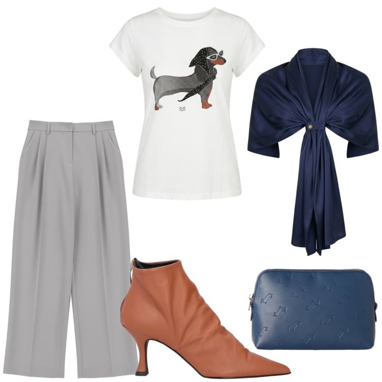 Outfit donna - Sintonia canina. Stile Casual per Tutti i giorni. Abbinamento con stivaletti, pochette, pantaloni a palazzo, stole, t-shirt.