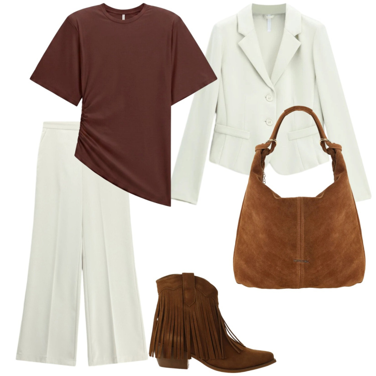 Outfit donna - Di ritorno. per Tutti i giorni. Abbinamento con borse a spalla, t-shirt, stivaletti texani, blazer, pantaloni a palazzo.