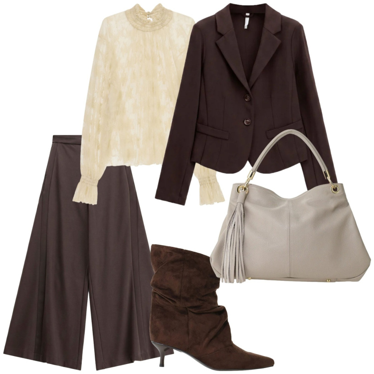 Outfit donna - Si ritorna. per Ufficio. Abbinamento con bluse, pantaloni a palazzo, stivali, blazer, borse a spalla.