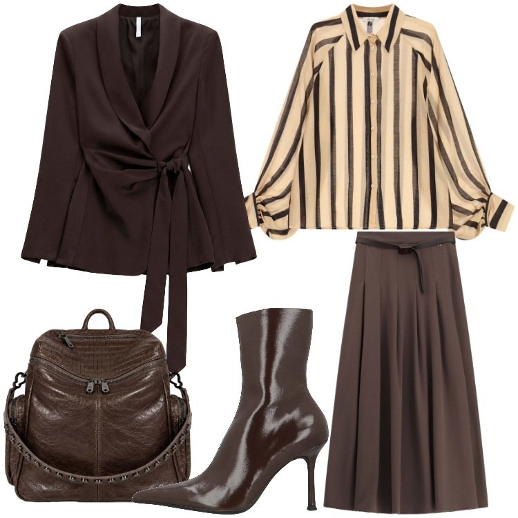 Outfit donna - Cioccolato must autunno. Stile Trendy per Ufficio. Abbinamento con stivaletti, blazer, gonne lunghe, camicie, zaini.