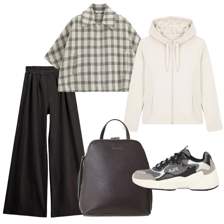 Outfit donna - Pensando al weekend. Stile Casual per Tutti i giorni. Abbinamento con sneakers, zaini, cappotti, pantaloni a palazzo, felpe con cappuccio.