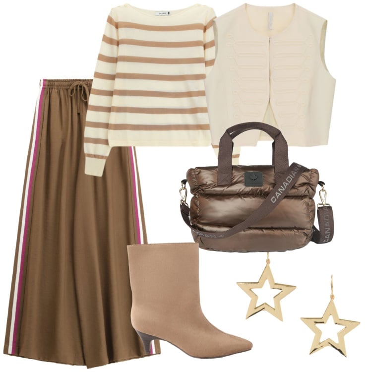 Outfit donna - Grande ritorno. per Tutti i giorni. Abbinamento con stivaletti, gilet, maglieria, pantaloni a palazzo, borse a tracolla, orecchini.