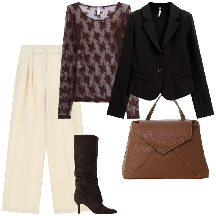 Outfit donna - We are back. per Ufficio. Abbinamento con t-shirt, pantaloni a palazzo, blazer, borse a mano, stivali.