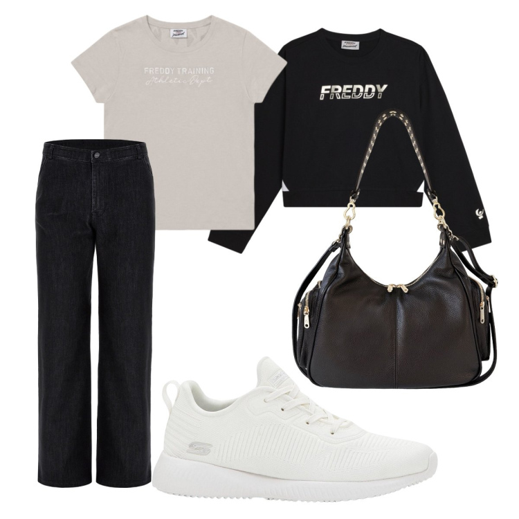 Outfit donna - Fine estate ancora saldi. Stile Sporty chic per Tutti i giorni. Abbinamento con sneakers, jeans, felpe, t-shirt, borse a spalla.