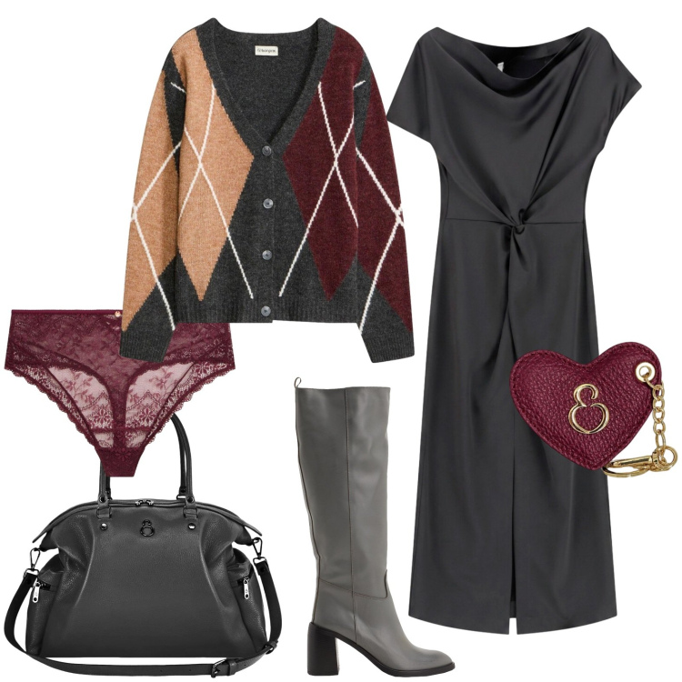 Outfit donna - Il cardigan a rombi. Stile Casual chic per Serata fuori. Abbinamento con stivali, perizomi, cardigans, vestiti midi/longuette, shopping bag, portachiavi.
