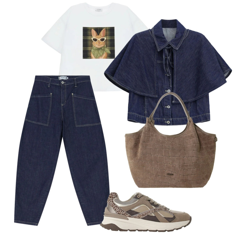 Outfit donna - Please. per Scuola/Università. Abbinamento con sneakers, jeans, t-shirt, blazer, borse a spalla.