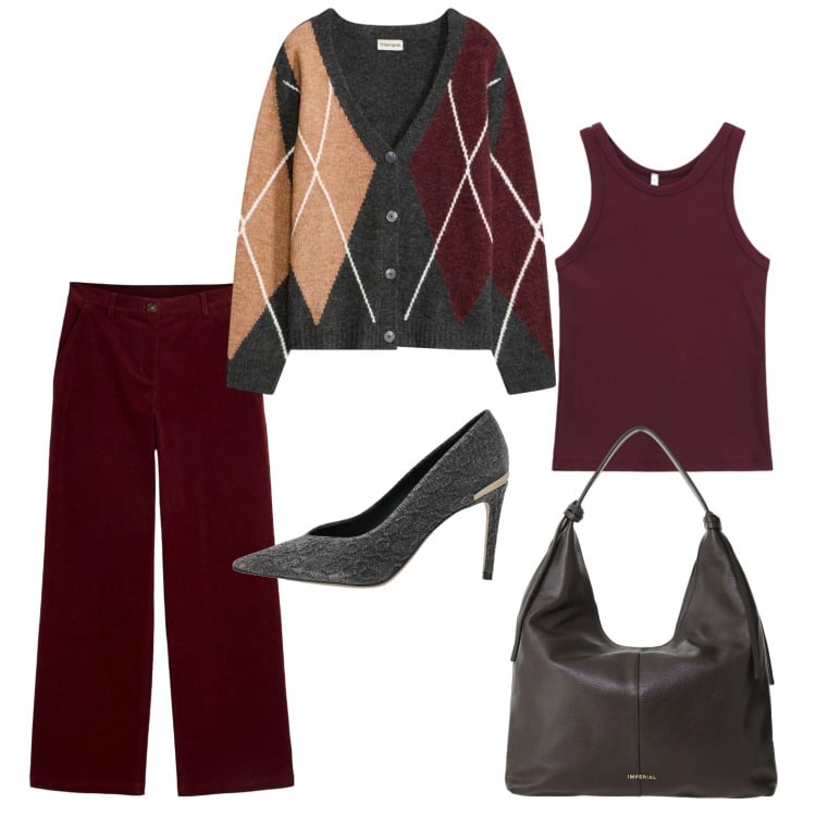 Outfit donna - Sabato sera in compagnia. Stile Casual chic per Serata fuori. Abbinamento con décolleté, pantaloni, cardigans, canottiere, borse a spalla.