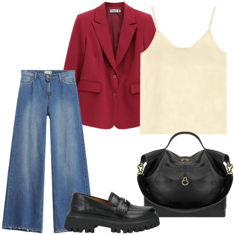 Outfit donna - Total look #2476609. Stile Casual chic per Tutti i giorni. Abbinamento con mocassini, jeans dritti, blazer, top, borse a spalla.