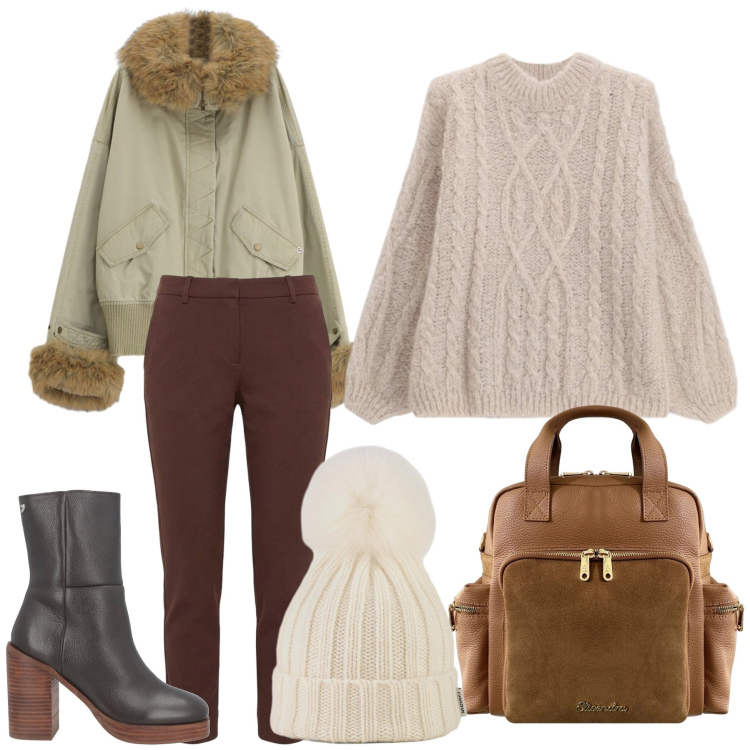 Outfit donna - Total look #2476613. Stile Casual chic per Tutti i giorni. Abbinamento con stivaletti, pantaloni, maglieria, parka, berretti, zaini.