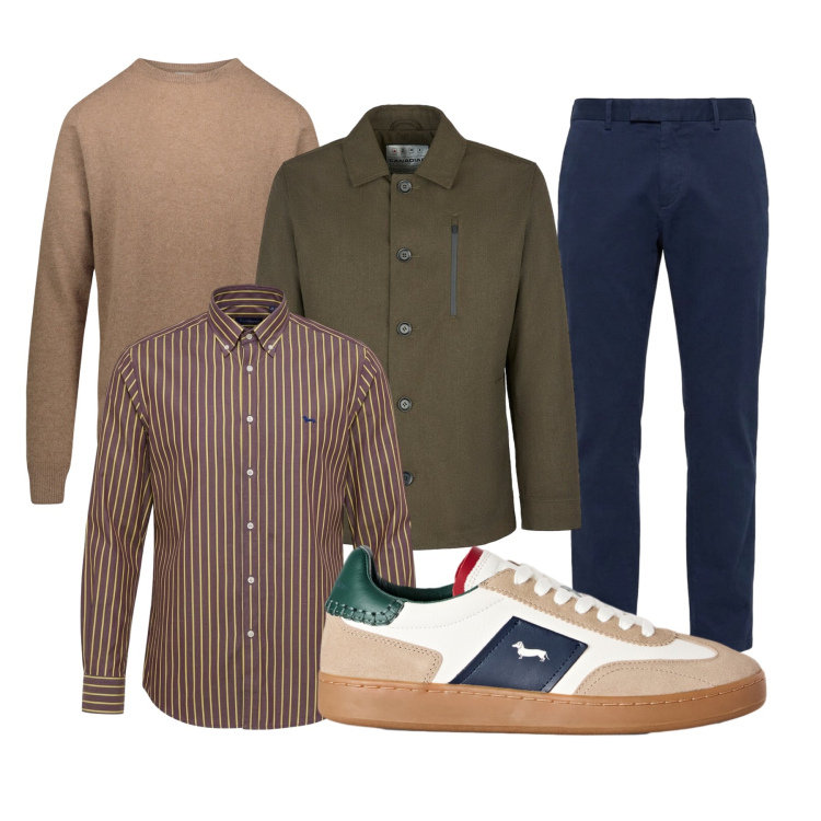 Outfit uomo - Layering urbano leggero. Stile Trendy per Tutti i giorni. Abbinamento con camicie, sneakers, pantaloni, maglieria, cappotti.