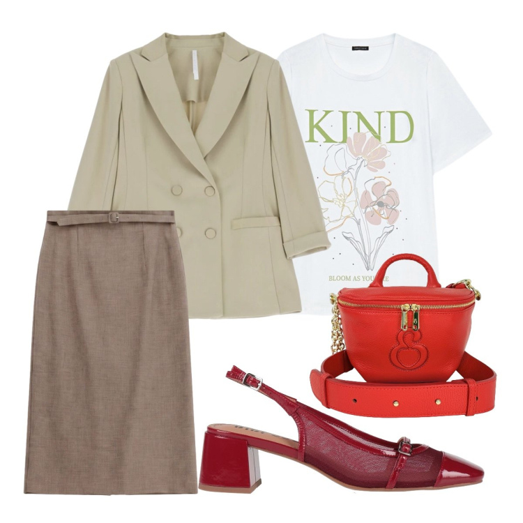 Outfit donna - Settembre. Stile Mannish per Ufficio. Abbinamento con décolleté, blazer, gonne longuette, t-shirt, borse a tracolla.