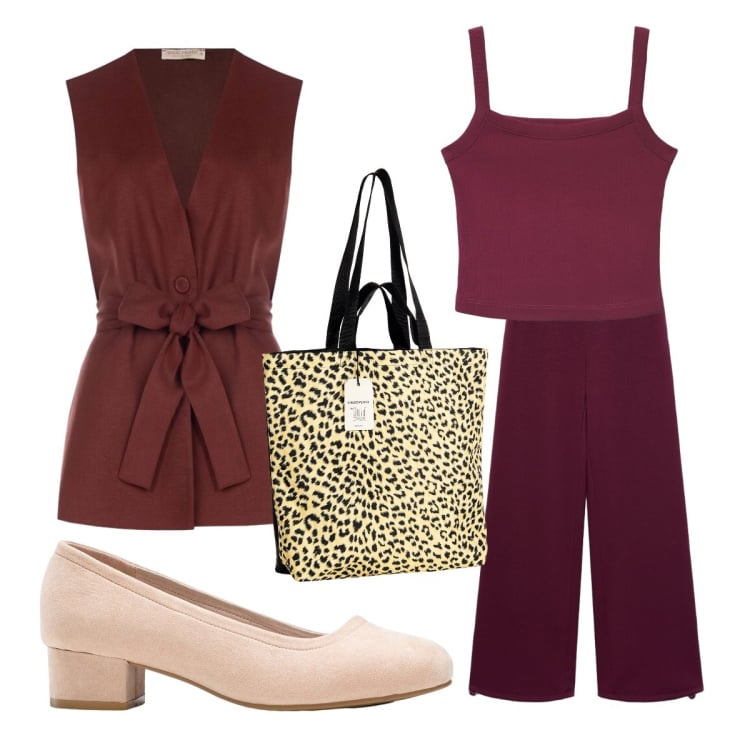 Outfit donna - Total look bordeaux + beige. Stile Mannish per Ufficio. Abbinamento con décolleté, canottiere, pantaloni, borse tote, gilet.