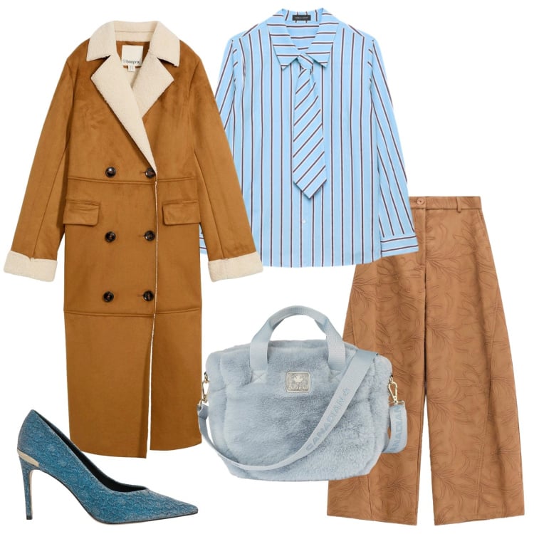 Outfit donna - Cravatta sui tacchi. Stile Chic per Ufficio. Abbinamento con décolleté, cappotti, pantaloni a palazzo, borse tote, camicie.