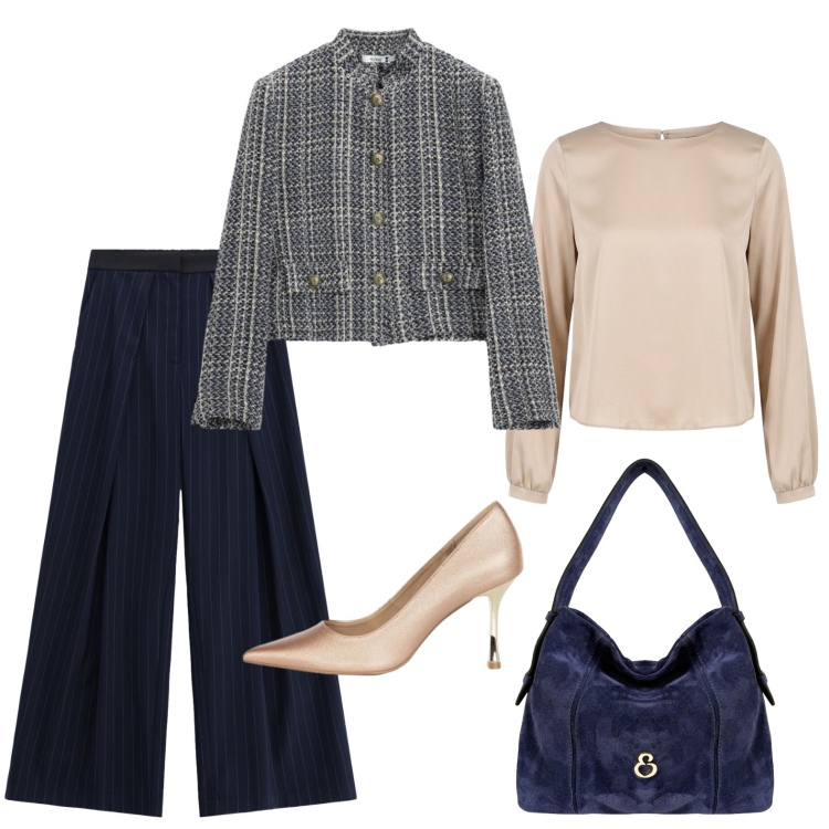 Outfit donna - Ape e cinema con le amiche. Stile Chic per Serata fuori. Abbinamento con pantaloni a palazzo, cappotti, décolleté, bluse, borse a spalla.