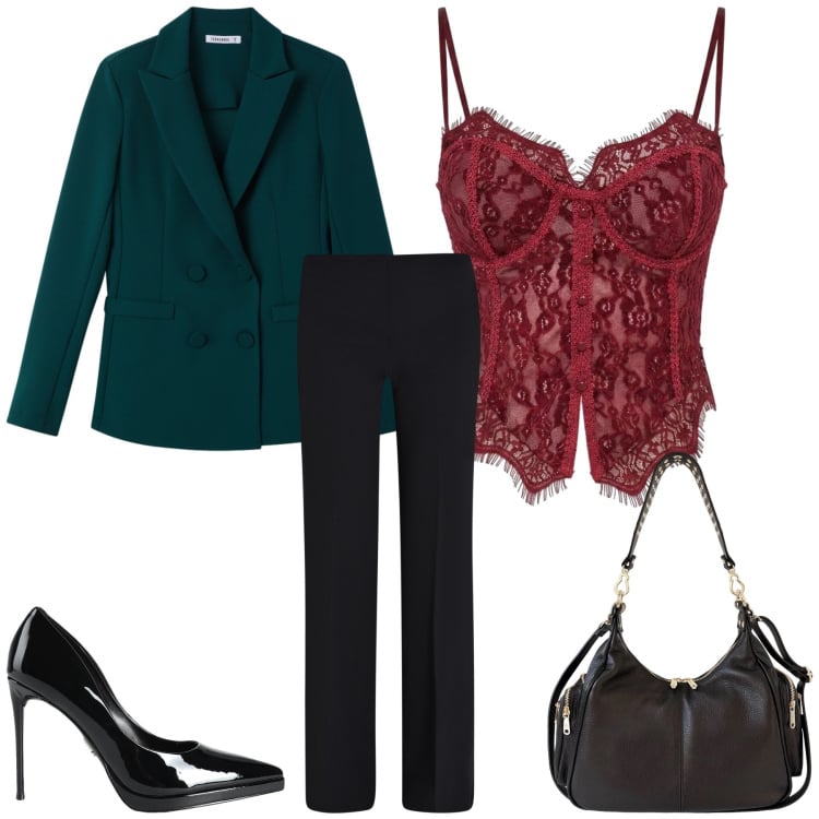Outfit donna - Total look #2476636. Stile Glamour per Serata fuori. Abbinamento con décolleté, blazer, pantaloni a palazzo, top, borse a spalla.