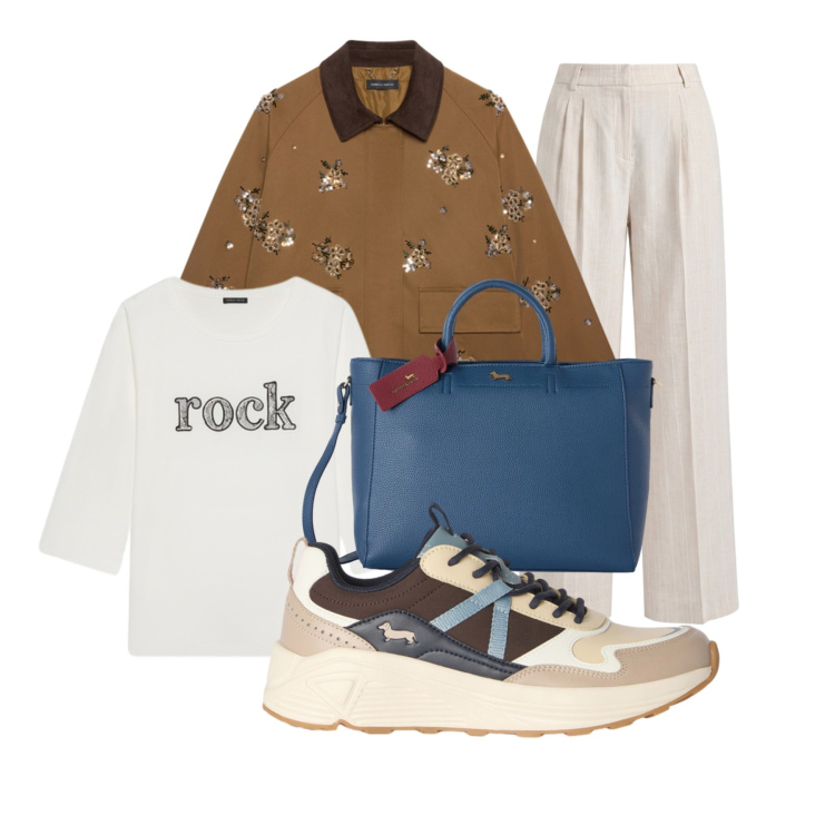 Outfit donna - Casual Chic per il weekend. Stile Casual chic per Tutti i giorni. Abbinamento con pantaloni, sneakers, borse a mano, t-shirt, blazer.
