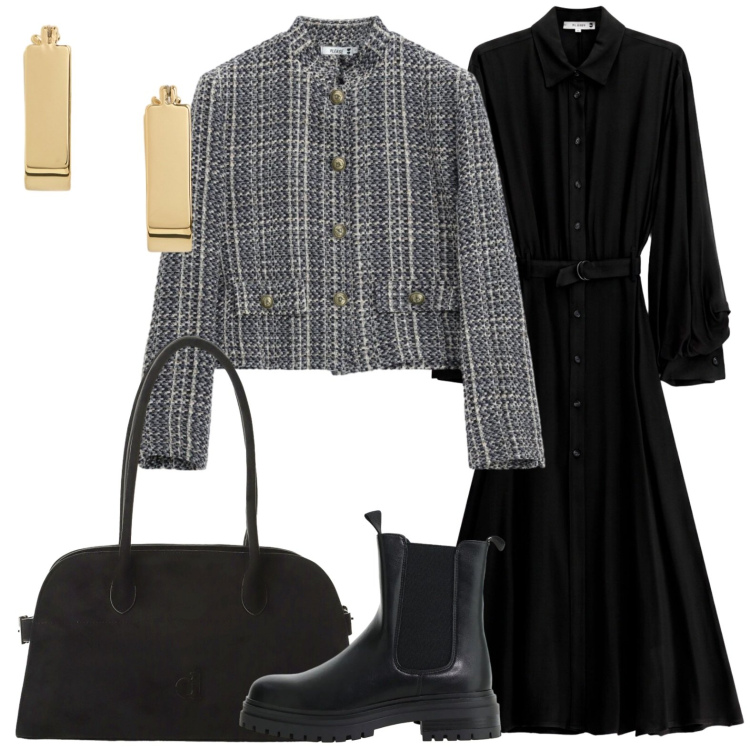Outfit donna - Abito con cintura. Stile Urban per Ufficio. Abbinamento con stivaletti chelsea, borse a spalla, cappotti, vestiti lunghi, orecchini.