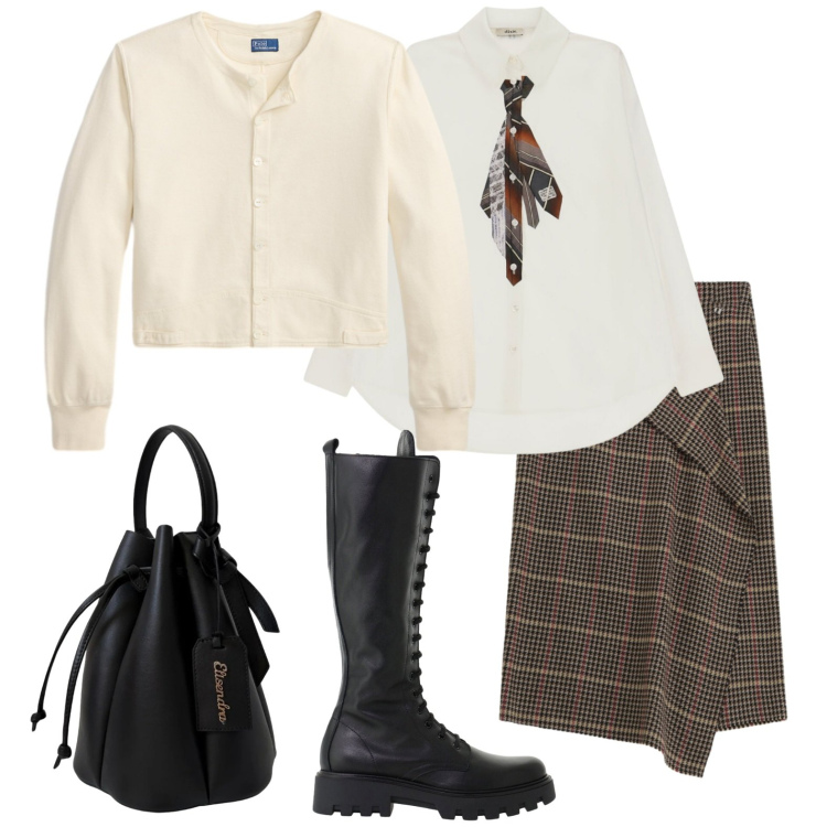 Outfit donna - Stivali allacciati. Stile Glamour per Ufficio. Abbinamento con camicie, gonne longuette, stivali, borse a secchiello, cardigans.