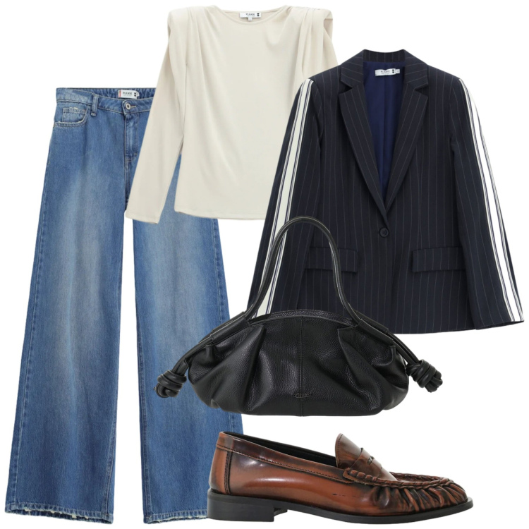 Outfit donna - Please - FW26. Stile Urban per Tutti i giorni. Abbinamento con mocassini, t-shirt, jeans dritti, blazer, borse a mano.