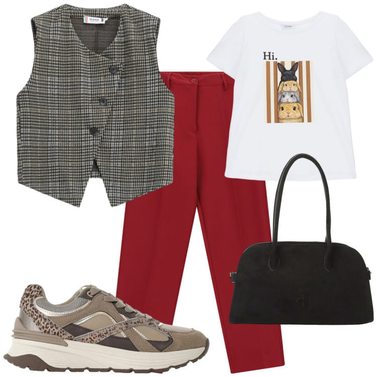 Outfit donna - Please - FW26. Stile Urban per Tutti i giorni. Abbinamento con sneakers, gilet, t-shirt, pantaloni, borse a spalla.